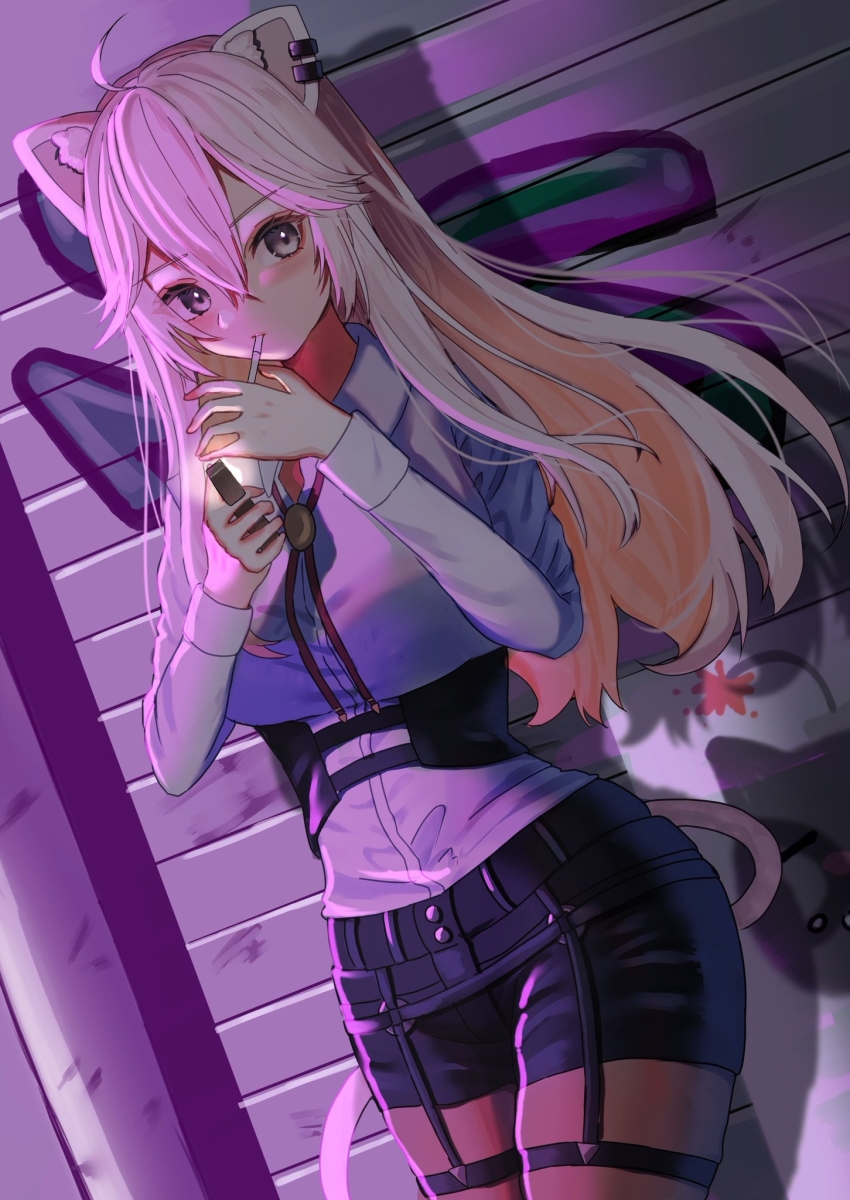1girl, against_wall, ahoge, animal_ears, black_shorts, brown_pantyhose, cat_ears, cat_tail, cigarette, cowboy_shot, dress_shirt, dutch_angle, earrings, floating_hair, grey_eyes, hair_between_eyes, highres, hololive, jewelry, lighter, long_hair, long_sleeves, pantyhose, pantyhose_under_shorts, shirt, shishiro_botan, shishiro_botan_(button-down), short_shorts, shorts, silver_hair, siranami_eight, smoking, solo, standing, straight_hair, tail, very_long_hair, virtual_youtuber, white_shirt
