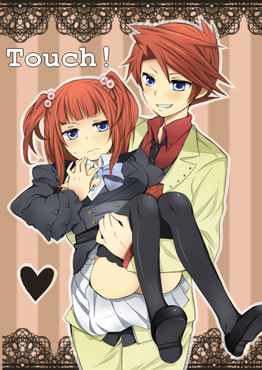 armband, bad_id, bad_pixiv_id, black_thighhighs, blue_eyes, bow, brother_and_sister, carrying