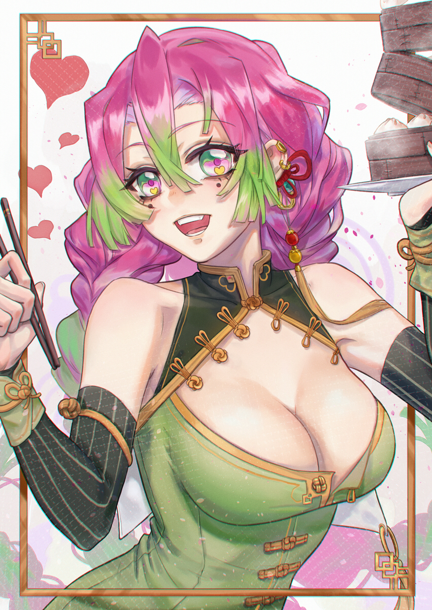1girl, :d, anmaki, bamboo_steamer, steamed_bun, bare_shoulders, border, braid, breasts, chinese_clothes, chopsticks, cleavage, collarbone, colored_tips, commentary, covered_collarbone, detached_sleeves, earclip, earrings, english_commentary, food, green_hair, hair_between_eyes, hands_up, head_tilt, heart, heart_in_eye, highres, holding, holding_chopsticks, holding_tray, jewelry, kanroji_mitsuri, kimetsu_no_yaiba, large_breasts, long_hair, looking_at_viewer, mixed-language_commentary, mole, mole_under_eye, multicolored_eyes, multicolored_hair, o-ring, open_mouth, outside_border, partially_unbuttoned, pink_hair, smile, solo, steam, symbol_in_eye, tassel, toggles, tray, twin_braids, two-tone_hair, upper_body, very_long_hair, white_background, wrist_cuffs
