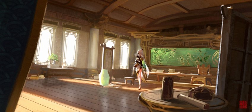 1girl, bonsai, book, chair, china_dress, chinese_clothes, claw_ring, daniel_deng