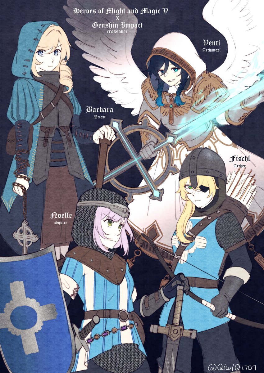 1boy, 3girls, absurdres, angel, angel_wings, aqua_hair, armor, arrow_(projectile), barbara_(genshin_impact), belt, black_gloves, black_hair, black_pants, blonde_hair, blue_eyes, blue_jacket, blue_shirt, bow_(weapon), braid, breastplate, brown_belt, chain, chainmail, closed_mouth, cross, crossover, english_text, expressionless, eyepatch, feathered_wings, fischl_(genshin_impact), frown, gauntlets, gem, genshin_impact, gloves, gradient_hair, green_eyes, grey_hair, helmet, heroes_of_might_and_magic, heroes_of_might_and_magic_v, highres, holding, holding_bow_(weapon), holding_shield, holding_weapon, hood, hood_up, hooded_jacket, jacket, juliet_sleeves, long_hair, long_sleeves, looking_at_viewer, medieval, might_and_magic, multicolored_hair, multiple_girls, noelle_(genshin_impact), orange_gem, pants, priest, puffy_sleeves, qiwiq, quiver, serious, sheath, sheathed, shield, shirt, sidelocks, smile, sword, trap, twin_braids, two-tone_gloves, venti_(genshin_impact), weapon, white_hood, white_wings, wings, wrist_guards