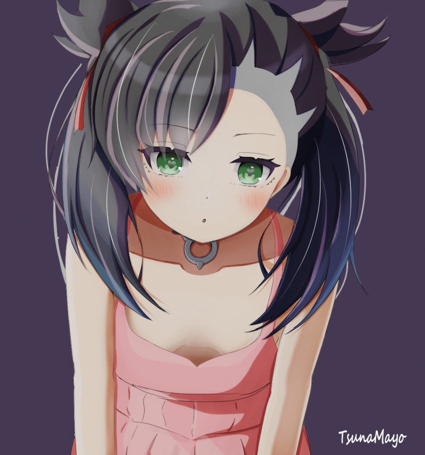 1girl, artist_logo, artist_name, bare_arms, bare_shoulders, black_hair, blush, breasts, choker, downblouse, dress, food, green_eyes, hair_ribbon, heart, heart-shaped_pupils, logo, looking_at_viewer, marnie_(pokemon), nintendo, parted_lips, pasta, pink_dress, pokemon, pokemon_sword_and_shield, purple_background, purple_skirt, ribbon, simple_background, skirt, sleeveless, sleeveless_dress, small_breasts, solo, spaghetti, symbol-shaped_pupils, tsunamayo_(tsuna_art27), twintails