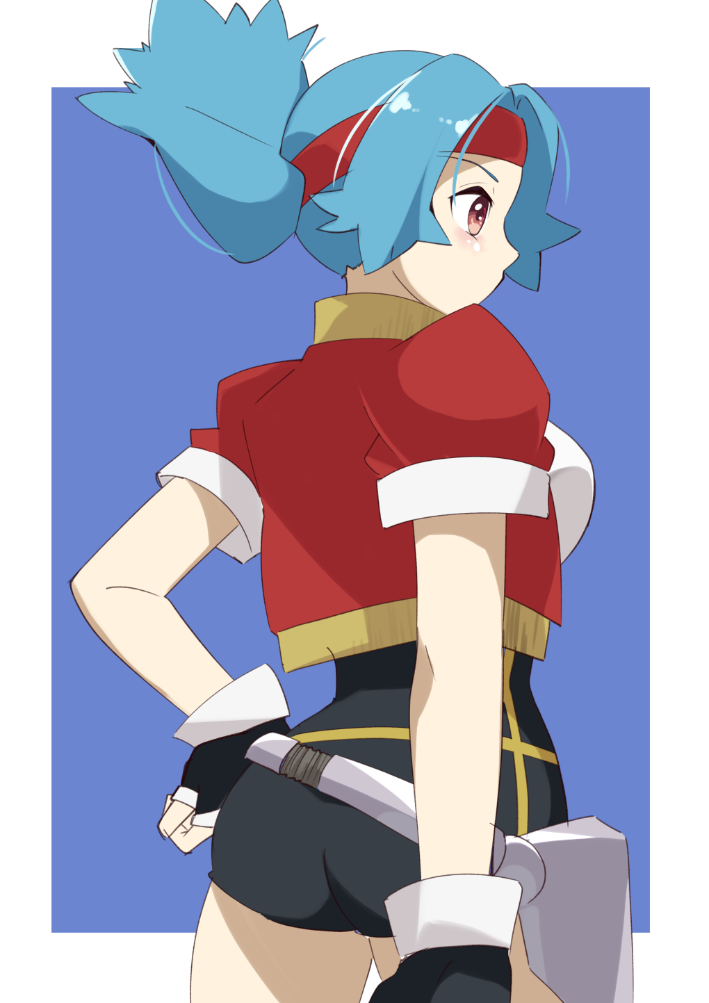 1girl, ass, bike_shorts, black_gloves, blue_hair, breasts, drdr_ao_midoro, fingerless_gloves