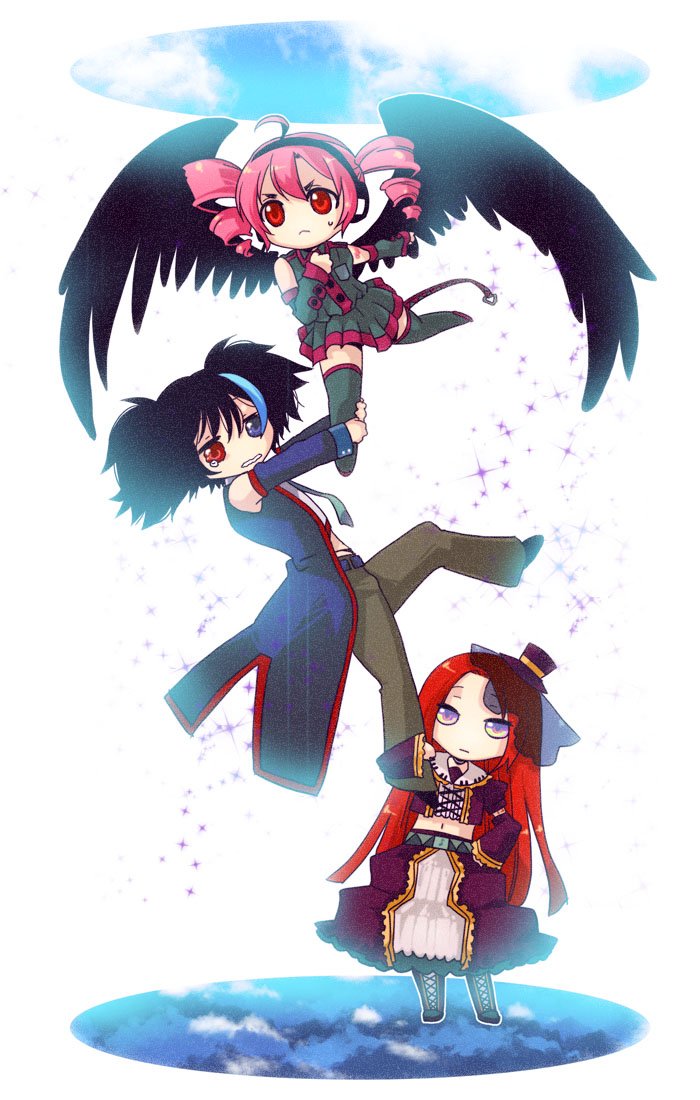 1boy, 2girls, ahoge, bad_id, bad_pixiv_id, black_hair, black_wings, blue_eyes