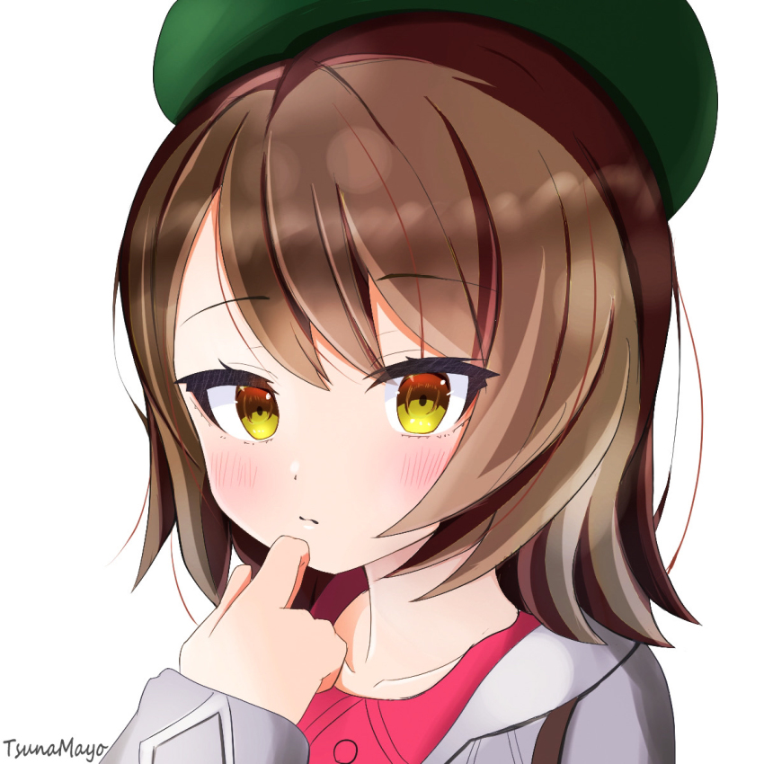 1girl, artist_name, bangle, bracelet, brown_eyes, brown_hair, gloria_(pokemon), green_hat