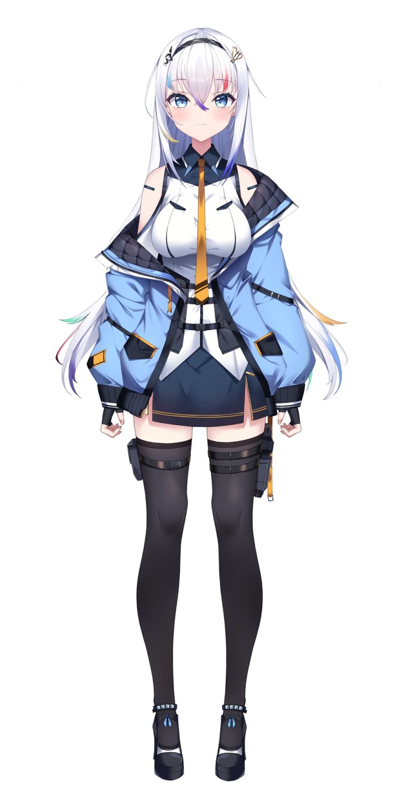 1girl, black_thighhighs, blue_eyes, blue_footwear, blue_hair, blue_jacket, breasts, collared_shirt, haruyuki_(yukichasoba), highres, chromashift, jacket, kattarina_qutie, large_breasts, long_hair, multicolored_hair, off_shoulder, official_art, shirt, sleeveless, sleeveless_shirt, smile, solo, streaked_hair, thigh_strap, thighhighs, very_long_hair, virtual_youtuber, white_background, white_hair, white_shirt