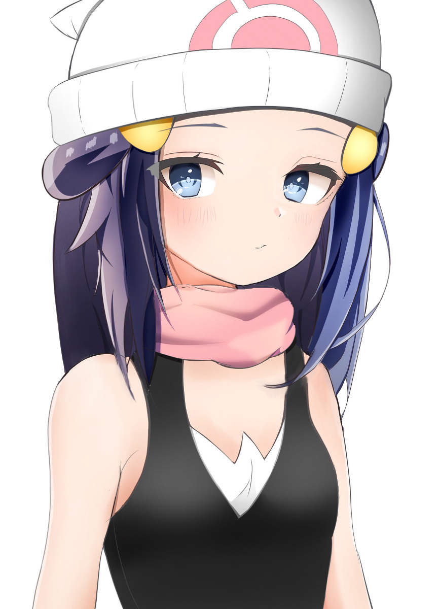 bare_arms, bare_shoulders, blue_eyes, blue_hair, dawn_(pokemon), dress, eyebrows_hidden_by_hair, hat