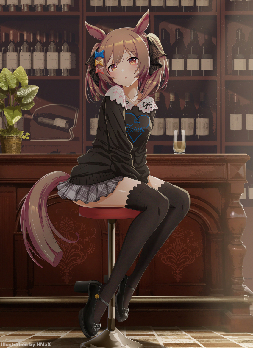 absurdres, alternate_costume, animal_ears, bar_stool, black_thighhighs, blush, bottle, brown_eyes, brown_hair, casual, commentary_request, cup, drinking_glass, full_body, hair_ornament, hair_ribbon, high_heels, highres, hmax, horse_ears, horse_girl, horse_tail, looking_at_viewer, mary_janes, ribbon, shoes, sitting, smart_falcon_(casual)_(umamusume), smart_falcon_(umamusume), stool, tail, thighhighs, thighs, umamusume, wine_bottle, wine_glass