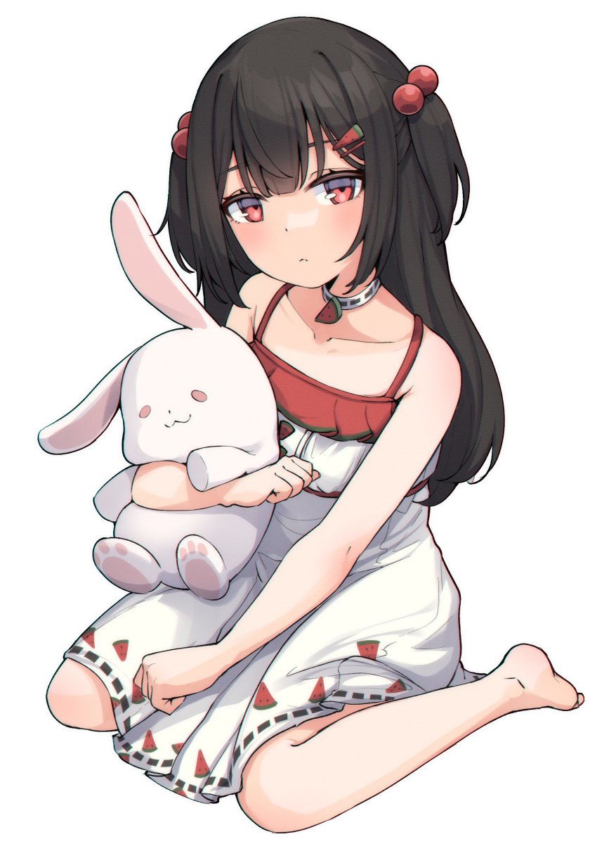 1girl, absurdres, barefoot, blush, choker, collarbone, commentary, emi_suika, english_commentary, flat_chest, food-themed_hair_ornament, grey_choker, hair_ornament, head_tilt, highres, holding, holding_stuffed_toy, chromashift, long_hair, looking_at_viewer, red_eyes, soles, solo, stuffed_animal, stuffed_rabbit, stuffed_toy, two_side_up, valefal_coneri, virtual_youtuber, watermelon_hair_ornament