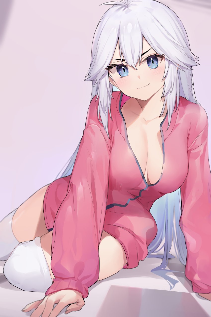 1girl, :3, absurdres, alternate_costume, antenna_hair, blue_eyes, breasts, cleavage, closed_mouth, grin, highres, large_breasts, long_hair, long_sleeves, looking_at_viewer, neonbeat, no_bra, pink_shirt, shirt, sitting, smile, smug, solo, thighhighs, thighs, v-shaped_eyebrows, vei_(vtuber), vei_(1st_costume)_(vtuber), very_long_hair, virtual_youtuber, vshojo, white_hair, white_thighhighs, yokozuwari