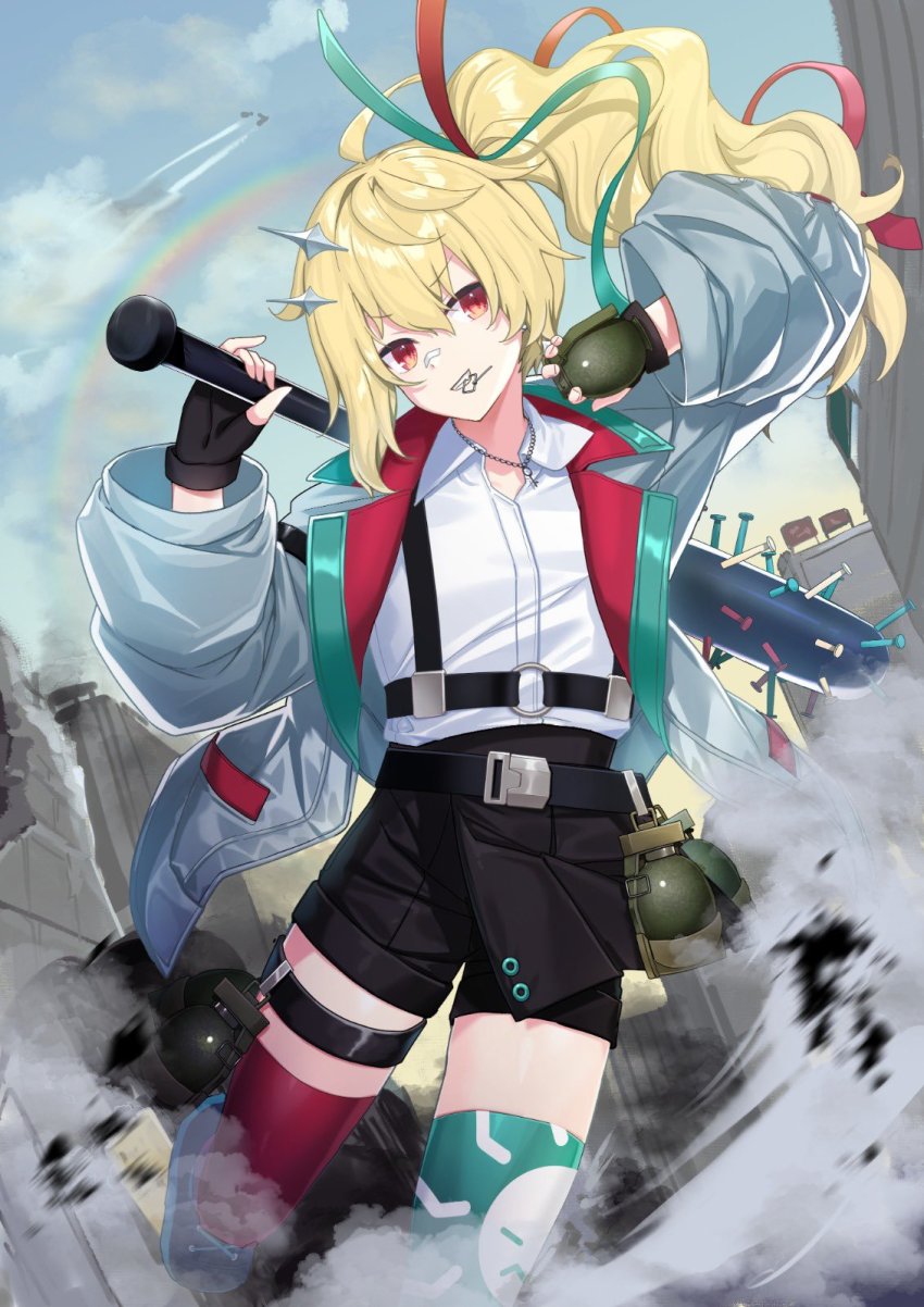 belt, black_belt, black_shorts, blonde_hair, blue_jacket, cloud, collared_shirt, commentary