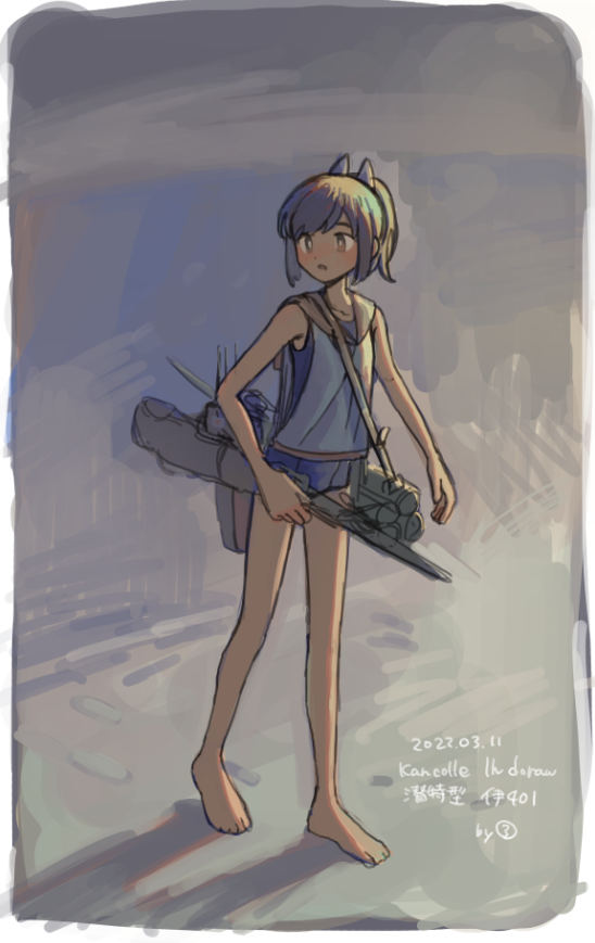 1girl, barefoot, blue_one-piece_swimsuit, brown_eyes, brown_hair, dated, full_body, i-401_(kancolle)