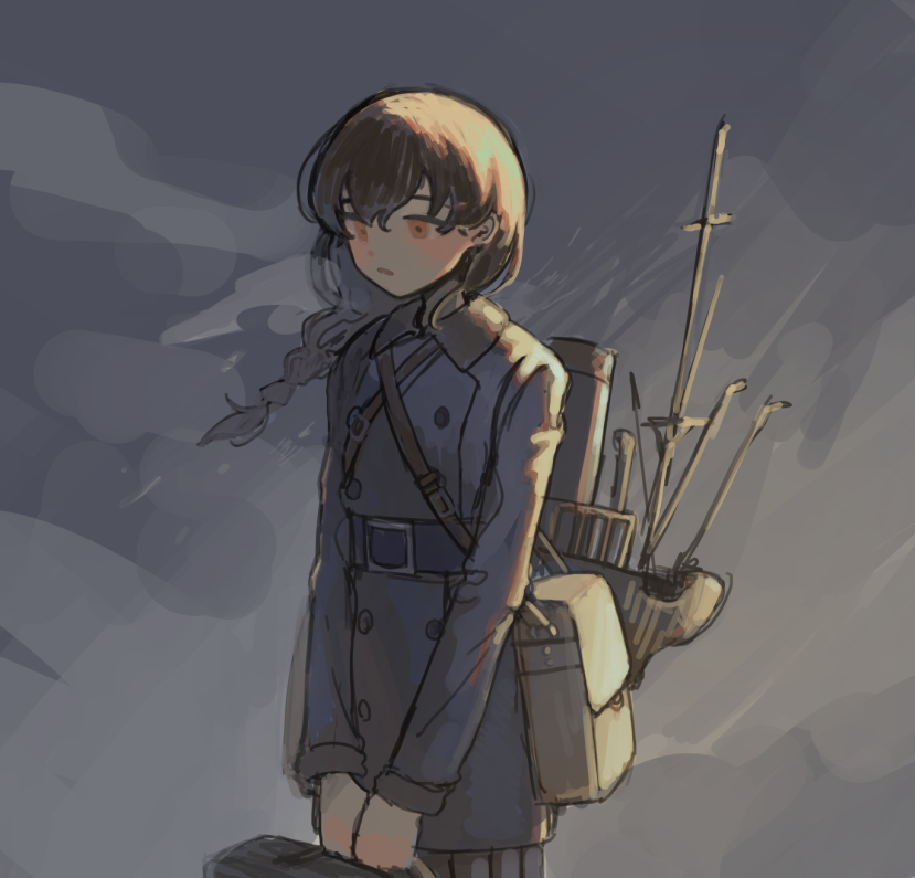 1girl, bag, blush, braid, brown_hair, coat, grey_background, hair_between_eyes, holding, kantai_collection, long_hair, long_sleeves, marusan_liliil, orange_eyes, parted_lips, rigging, simple_background, single_braid, sketch, skirt, solo, souya_(kancolle), suitcase, upper_body