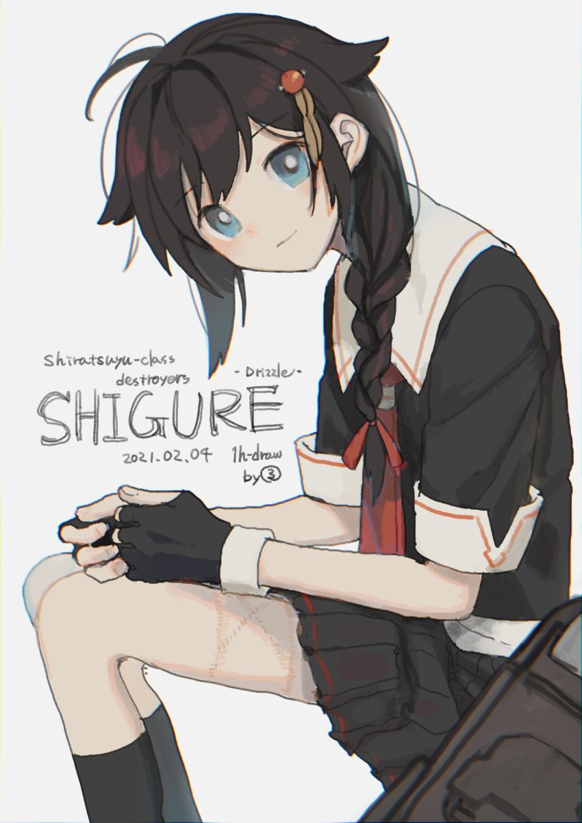1girl, ahoge, black_gloves, black_serafuku, black_skirt, black_socks, blue_eyes, brown_hair, character_name, closed_mouth, dated, english_text, fingerless_gloves, gloves, grey_background, hair_flaps, hair_ornament, hair_ribbon, highres, invisible_chair, kantai_collection, kneehighs, looking_at_viewer, marusan_liliil, pleated_skirt, red_ribbon, ribbon, sailor_collar, school_uniform, serafuku, shigure_(kancolle), shigure_kai_ni_(kancolle), short_sleeves, simple_background, sitting, skirt, socks, solo, twitter_username, white_sailor_collar
