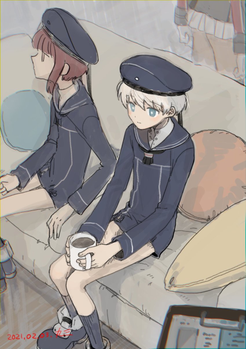3girls, blue_dress, blue_eyes, blue_footwear, blue_headwear, blue_sailor_collar, blue_socks, brown_hair, closed_mouth, couch, cup, cushion, dress, gloves, hair_between_eyes, highres, holding, holding_cup, kantai_collection, kneehighs, long_sleeves, marusan_liliil, mug, multiple_girls, one-hour_drawing_challenge, prinz_eugen_(kancolle), sailor_collar, sailor_dress, short_hair, sitting, sketch, skirt, socks, white_gloves, white_hair, white_skirt, z1_leberecht_maass_(kancolle), z3_max_schultz_(kancolle)