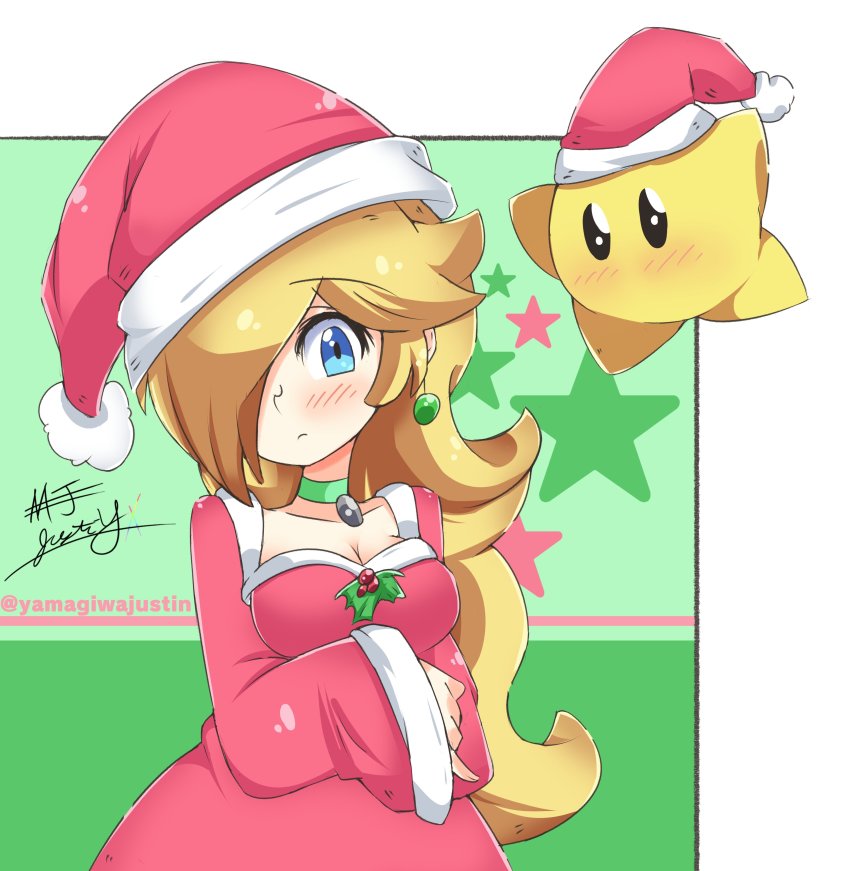 1girl, absurdres, blonde_hair, blue_eyes, breasts, christmas, cleavage, hat