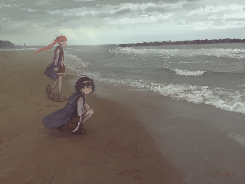 2girls, artist_name, bad_id, bad_pixiv_id, bag, beach, blue_vest, brown_eyes, brown_hair, brown_skirt, closed_mouth, cloud, cloudy_sky, commentary_request, day, grey_sky, hairband, hiyou_(warship_girls_r), jun'you_(warship_girls_r), kneeling, long_hair, long_sleeves, looking_at_viewer, looking_to_the_side, marusan_liliil, multiple_girls, ocean, outdoors, pink_hair, pleated_skirt, ponytail, shirt, short_hair, signature, skirt, sky, smile, squatting, standing, thighhighs, vest, warship_girls_r, waves, white_legwear, white_shirt