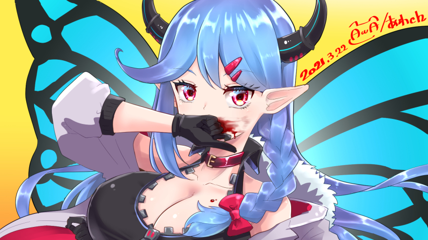 1girl, awa7, black_gloves, black_horns, blood, blood_on_breasts, blood_on_face, blue_hair