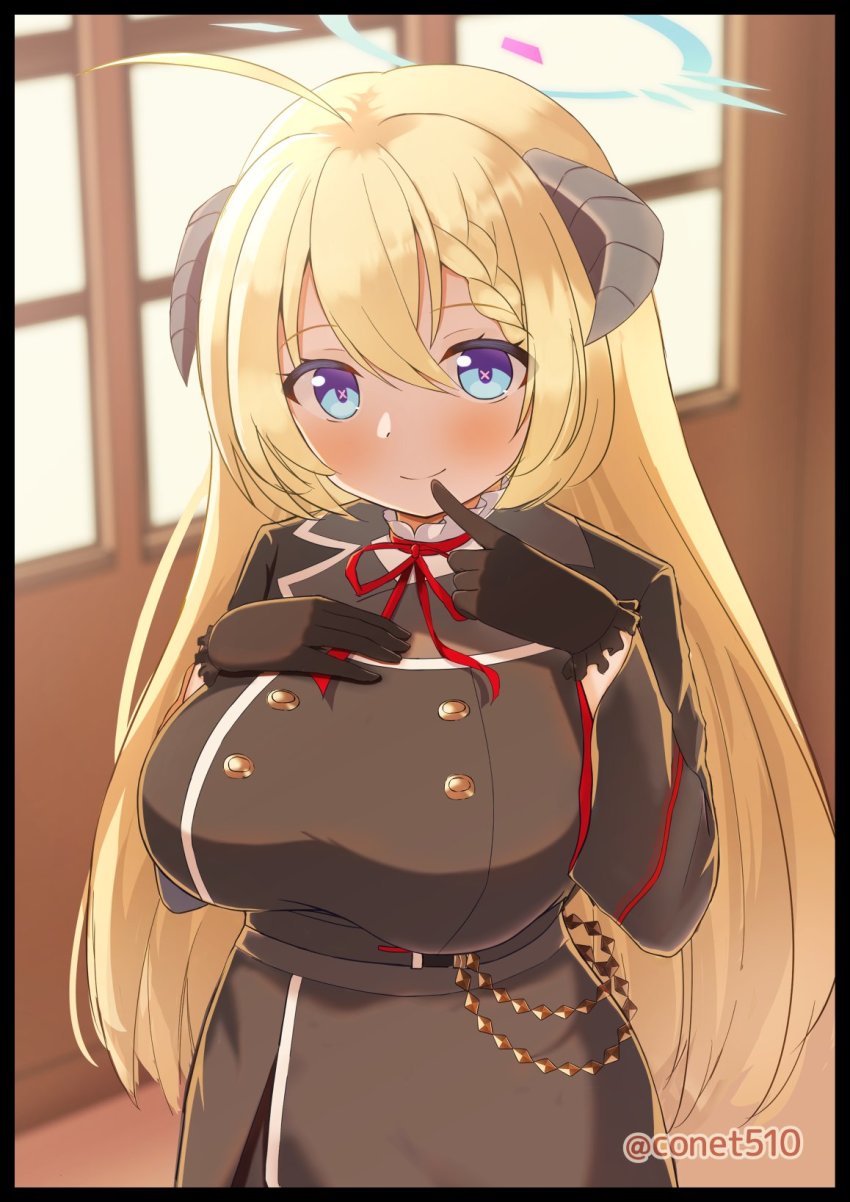 1girl, ahoge, akari_(blue_archive), black_border, black_dress, black_gloves, blonde_hair, blue_archive, blue_eyes, blush, border, braid, braided_bangs, breasts, conet510, dress, gloves, hair_between_eyes, hand_on_own_chest, highres, horns, large_breasts, long_hair, long_sleeves, looking_at_viewer, neck_ribbon, red_ribbon, ribbon, smile, solo, twitter_username, very_long_hair, window