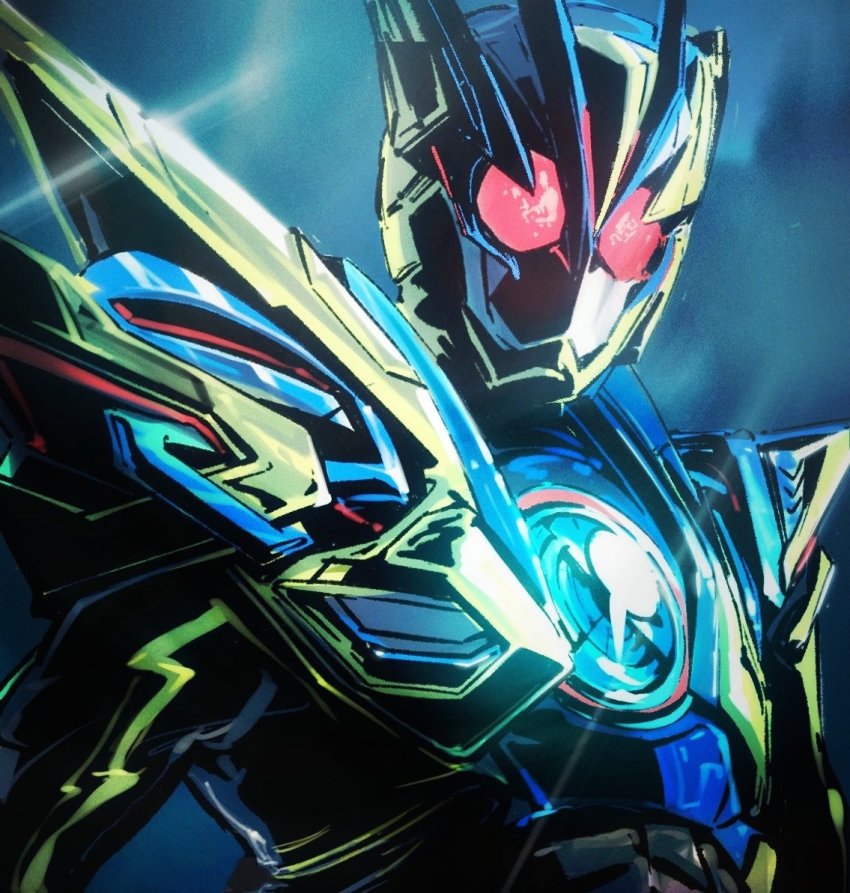 1boy, armor, blue_armor, bug, glowing, glowing_eyes, grasshopper, green_armor