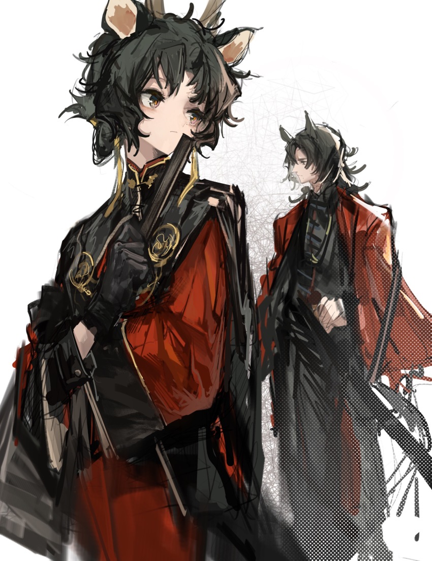 1boy, 1girl, animal_ears, antlers, arknights, black_dress, black_gloves, black_hair