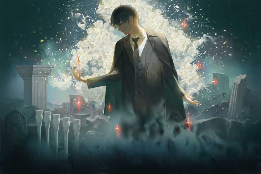 1boy, absurdres, black_coat, black_hair, black_jacket, black_pants, chinese_commentary, closed_eyes, closed_mouth, coat, commentary_request, flower, fog, giant, highres, jacket, ji26725339, klein_moretti, lord_of_the_mysteries, open_arms, pants, pillar, red_star, ruins, shirt, smile, solo, star_(symbol), white_shirt