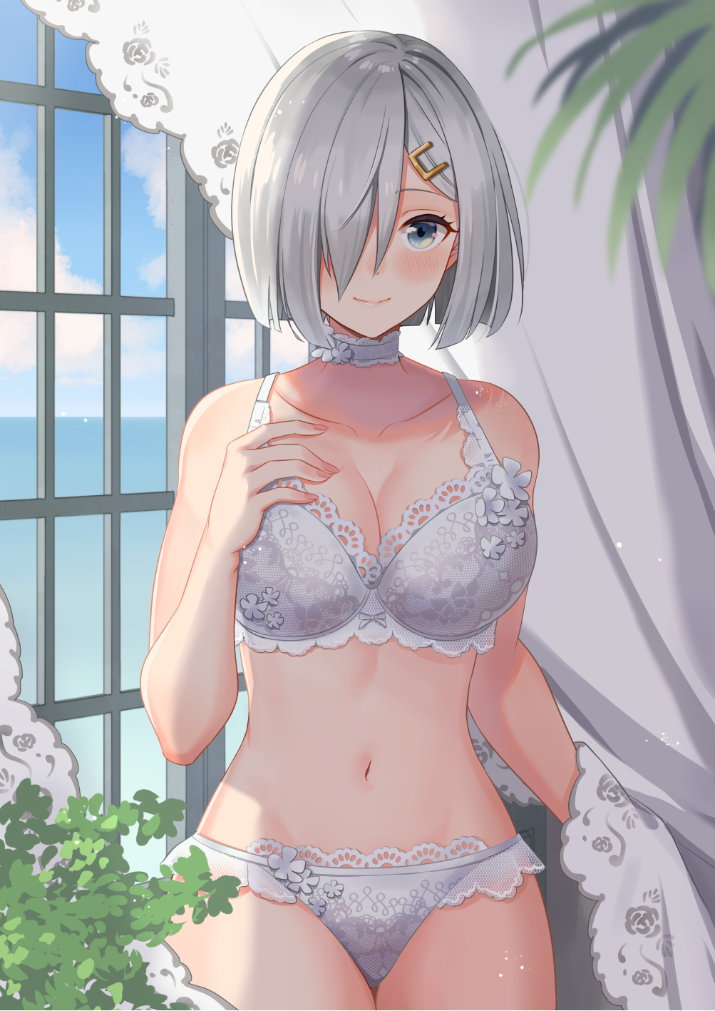 1girl, blue_eyes, blue_sky, blush, bra, breasts, choker, cleavage, collarbone, commentary, day, frilled_bra, frilled_panties, frills, hair_ornament, hair_over_one_eye, hairclip, hamakaze_(kancolle), hand_on_own_chest, highres, indoors, kantai_collection, large_breasts, lingerie, looking_at_viewer, natsume_(natsume_melio), panties, short_hair, silver_bra, silver_hair, silver_panties, sky, smile, solo, underwear, window