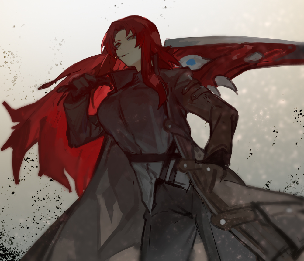 1girl, black_coat, black_gloves, cigarette, coat, e.g.o_(project_moon), eyeball, gebura_(project_moon), gloves, hand_in_pocket, holding, holding_weapon, kali_(project_moon), library_of_ruina, living_weapon, lobotomy_corporation, long_hair, looking_at_viewer, mimicry_(e.g.o), mouth_hold, nishikujic, open_clothes, open_coat, over_shoulder, project_moon, red_hair, slit_pupils, smoking, solo, sword, sword_over_shoulder, weapon, weapon_over_shoulder, yellow_eyes