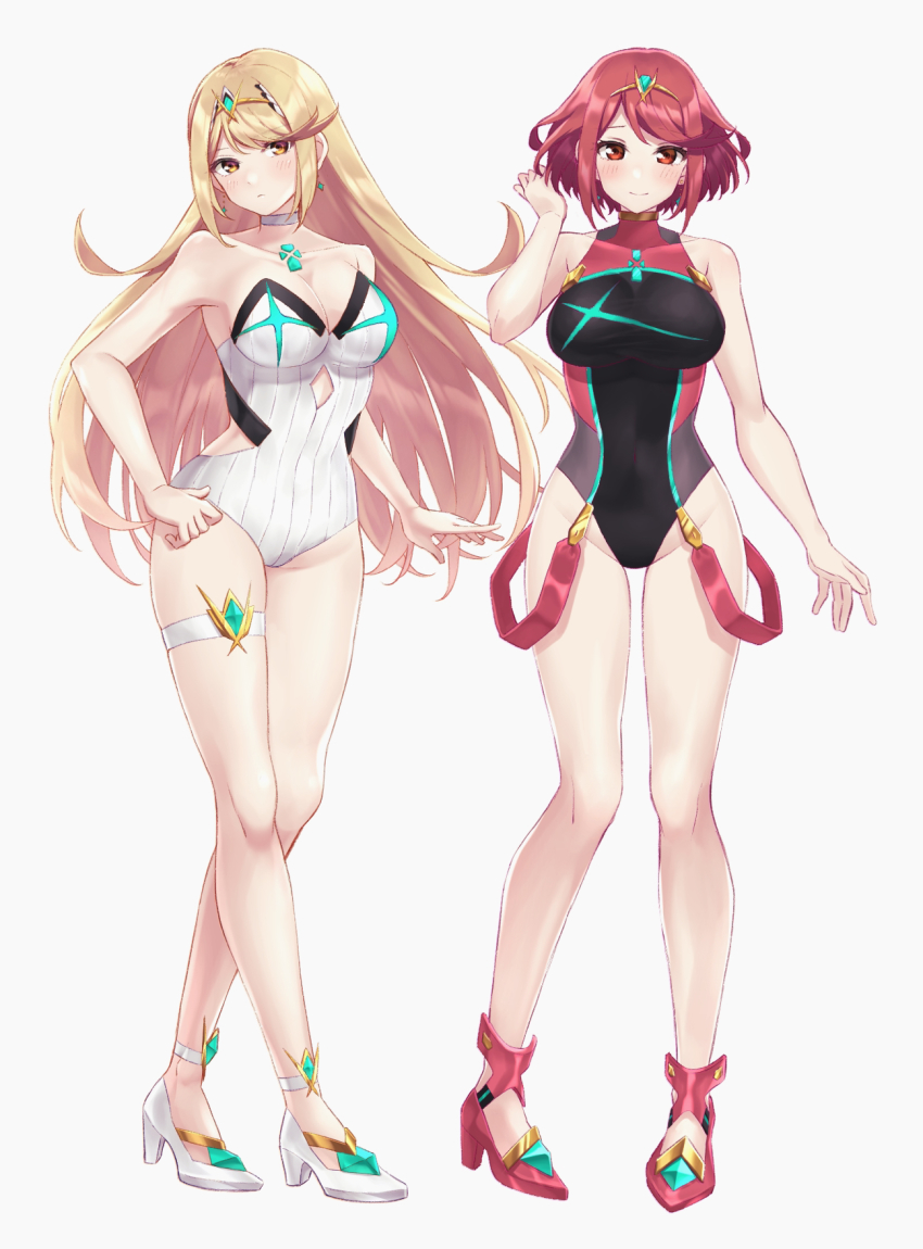 2girls, black_one-piece_swimsuit, blonde_hair, breasts, chest_jewel, competition_swimsuit, gem, headpiece