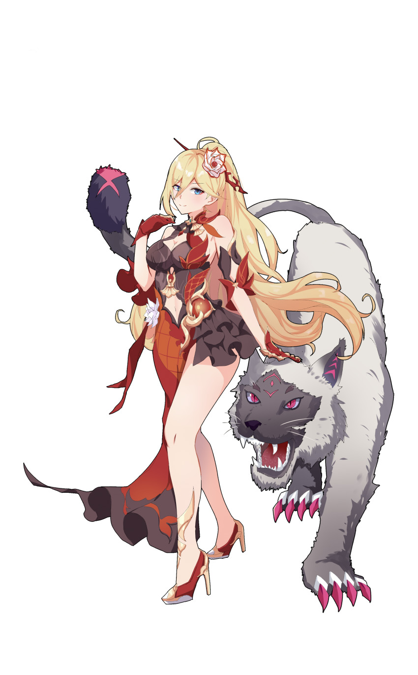 1girl, absurdres, ai_ke_le_de_xiao_hong, animal, bare_shoulders, blonde_hair, blue_eyes, breasts