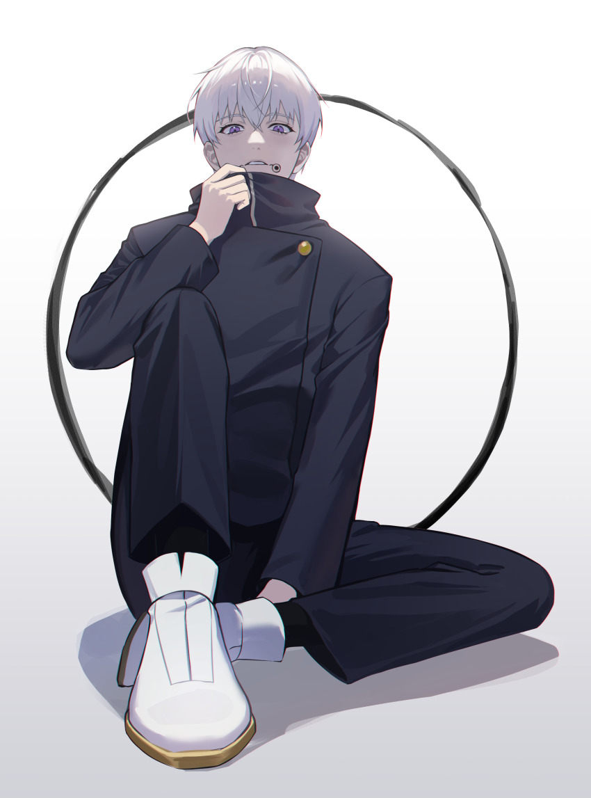 1boy, absurdres, between_legs, black_jacket, black_pants, boots, full_body, hand_between_legs