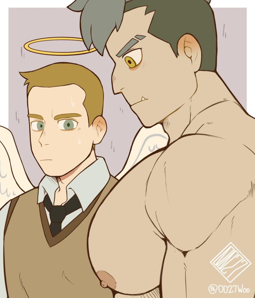 2boys, absurdres, angel, bara, blonde_hair, brown_eyes, brown_sweater, closed_mouth, collared_shirt, damao_(all_saints_street), fang, fang_out, from_side, girl_staring_at_guy's_chest_(meme), green_eyes, grey_hair, halo, highres, large_pectorals, looking_at_another, lynn_angel, male_focus, meme, multiple_boys, muscular, muscular_male, nipples, pectoral_focus, pectorals, shirt, short_hair, sleeveless, sleeveless_sweater, sweater, syaoran_(0027), twitter_username, undercut, upper_body, wansheng_jie, white_shirt, wings