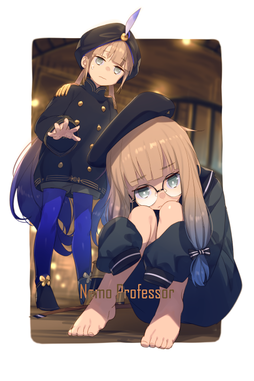 1boy, 1girl, barefoot, beret, black_headwear, black_jacket, black_sailor_collar, blue_hair, blue_pants, blue_shirt, captain_nemo_(fate), captain_nemo_(second_ascension)_(fate), echo_(circa), fate/grand_order, fate_(series), feet, glasses, gradient_hair, green_eyes, hat, hat_feather, jacket, light_brown_hair, long_hair, long_sleeves, multicolored_hair, nemo_(fate), pants, pantyhose, professor_nemo_(fate), round_eyewear, sailor_collar, shirt, sidelocks, sitting, sleeves_past_fingers, sleeves_past_wrists, tight_clothes, tight_pants, turban, two-tone_hair