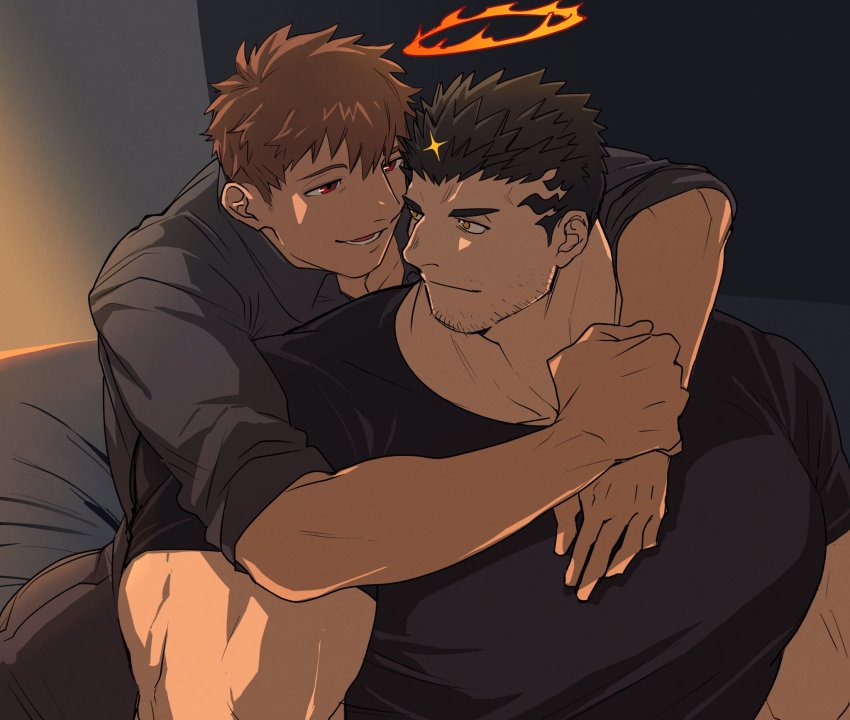 2boys, asahi_(zabaniyan), bad_id, bad_twitter_id, bara, black_hair, black_shirt, brown_hair