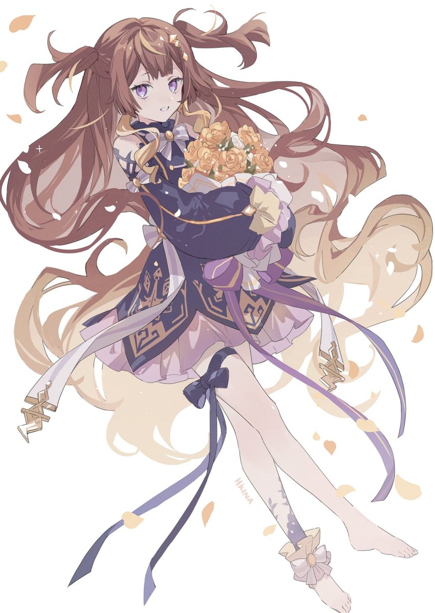 1girl, anya_melfissa, anya_melfissa_(1st_costume), artist_name, barefoot, bouquet, bow, brown_hair