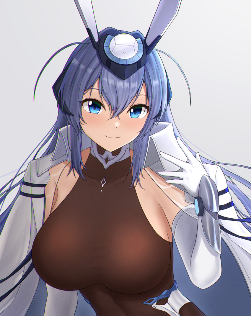 1girl, :3, azur_lane, blue_eyes, blue_hair, bodystocking, breasts, cesvelox, closed_mouth, clothing_cutout, coat, coat_on_shoulders, commentary, covered_collarbone, crossed_bangs, dress, elbow_gloves, eyebrows_hidden_by_hair, gloves, hair_between_eyes, hair_intakes, hand_up, headgear, highres, large_breasts, long_hair, looking_at_viewer, new_jersey_(azur_lane), side_cutout, sidelocks, simple_background, smile, solo, standing, taut_clothes, vambraces, very_long_hair, white_background, white_coat, white_dress, white_gloves