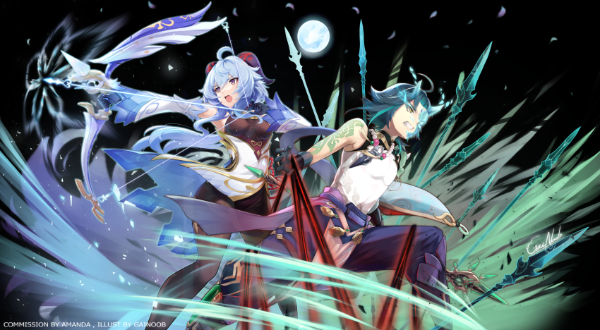 1boy, 1girl, ahoge, amos'_bow_(genshin_impact), arm_tattoo, armor, asymmetrical_clothes, bare_shoulders