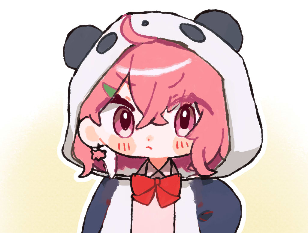 1girl, ahoge, animal_ears, animal_hood, blush_stickers, bow, brown_background, chibi