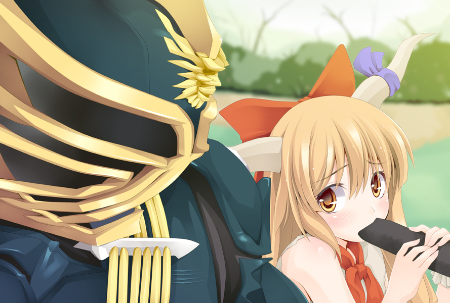 1boy, 1girl, bad_id, bad_pixiv_id, blonde_hair, bow, brown_eyes, crossover, ehoumaki, food, height_difference, horns, ibuki_suika, kamen_rider, kamen_rider_hibiki_(series), kamen_rider_zanki, makizushi, ogami_kazuki, oni, setsubun, sexually_suggestive, sushi, touhou