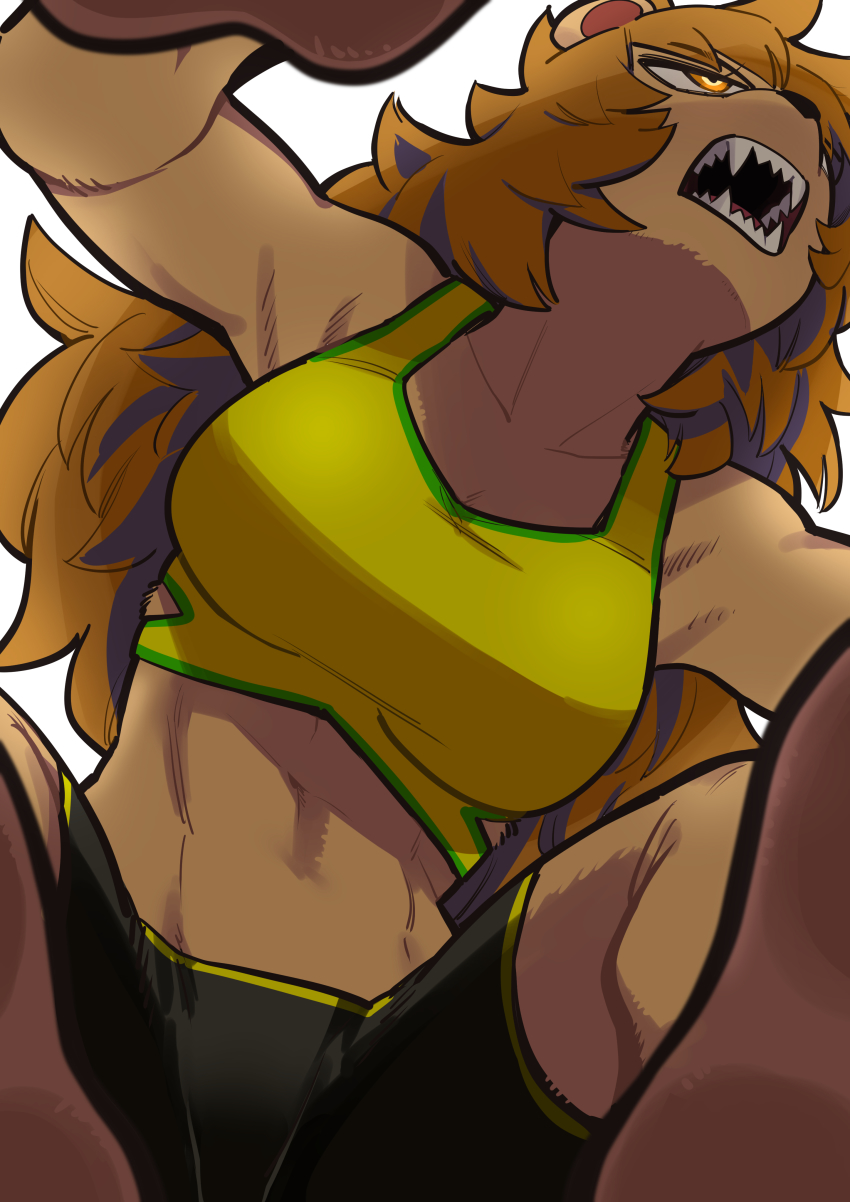 1girl, absurdres, angry, animal_ears, bike_shorts, fangs, feet, female_focus