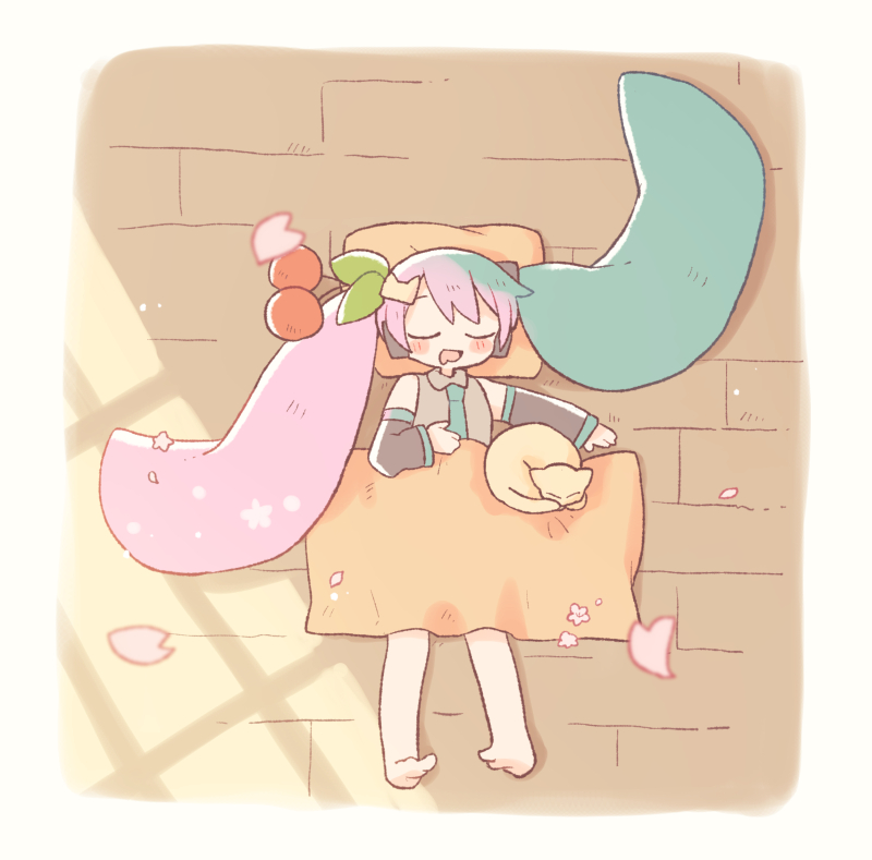 1girl, aqua_hair, aqua_necktie, bare_shoulders, barefoot, black_sleeves, blanket, blush_stickers