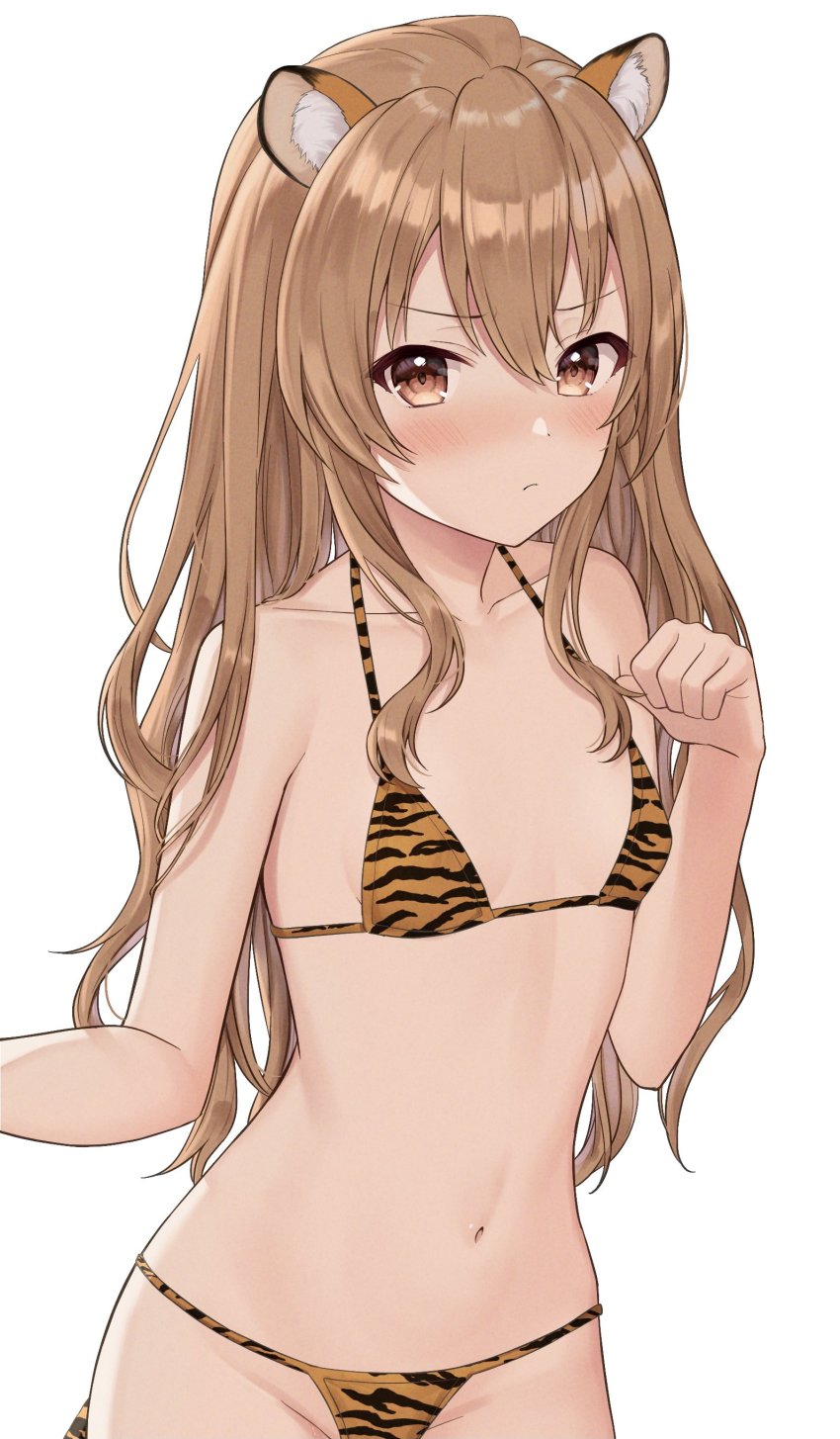 1girl, absurdres, aisaka_taiga, animal_ear_fluff, animal_ears, animal_print, bare_shoulders, bikini, blush, breasts, brown_eyes, brown_hair, cowboy_shot, groin, highres, jpeg_artifacts, long_hair, looking_at_viewer, mochiko_(uyu_omochi), navel, simple_background, small_breasts, solo, stomach, swimsuit, tail, tiger_ears, tiger_print, tiger_tail, toradora!, white_background