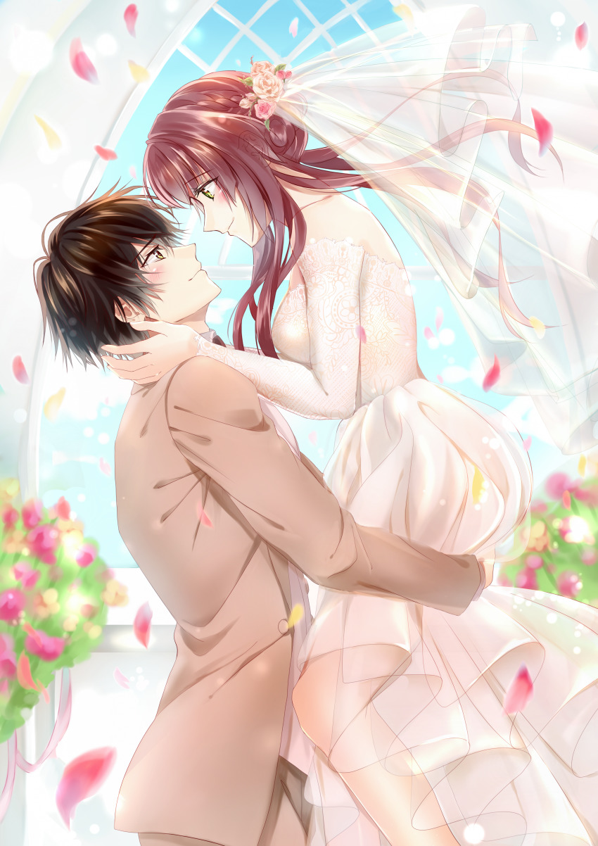 1boy, 1girl, absurdres, blush, brown_hair, carrying, carrying_person, collar_x_malice