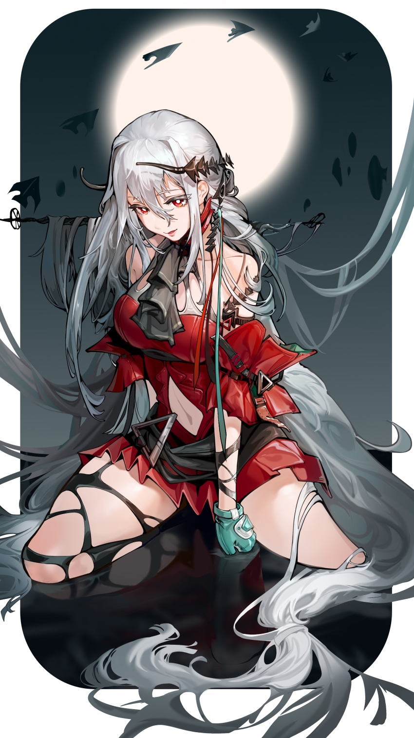 1girl, absurdres, arknights, bare_shoulders, clothing_cutout, commentary_request, detached_sleeves, dress, hair_between_eyes, heishanlong, highres, long_hair, looking_at_viewer, moon, navel, missing_headwear, red_dress, red_eyes, short_dress, silver_hair, sitting, skadi_(arknights), skadi_the_corrupting_heart_(arknights), smile, solo, stomach_cutout, thighs, very_long_hair