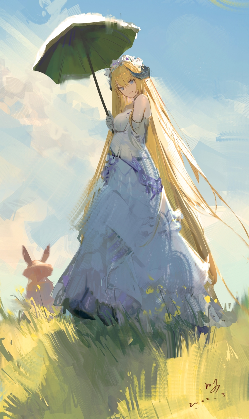 1girl, absurdly_long_hair, absurdres, arknights, bare_shoulders, blonde_hair, blue_eyes, blue_sky, breasts, chinese_commentary, cloud, commentary_request, day, dress, fine_art_parody, gloves, grass, hair_between_eyes, head_tilt, highres, holding, holding_umbrella, horns, large_breasts, long_hair, looking_at_viewer, off-shoulder_dress, off_shoulder, official_alternate_costume, outdoors, parody, qiumoyixing, rabbit, saileach_(appreciate_fragrance)_(arknights), saileach_(arknights), sky, smile, solo, standing, umbrella, very_long_hair, white_dress, white_gloves
