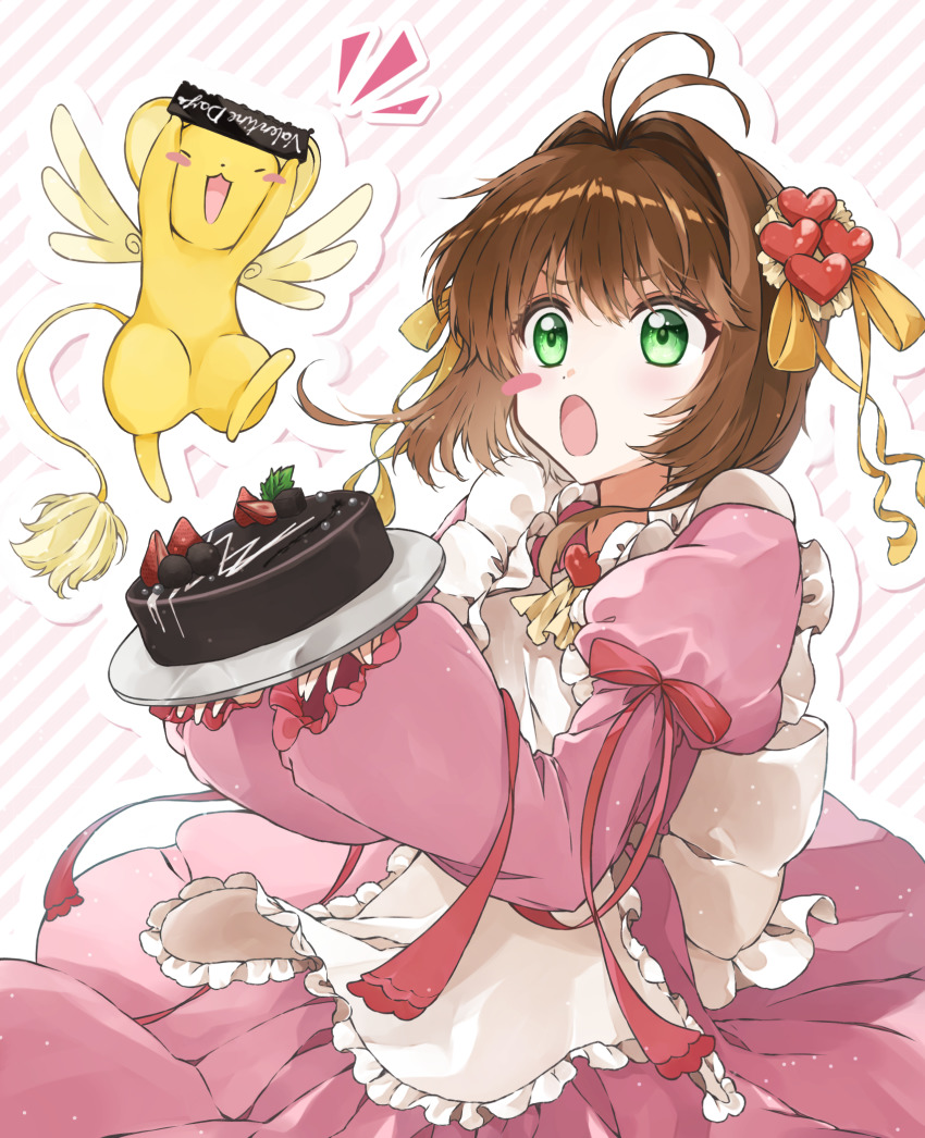 1girl, antenna_hair, blush_stickers, brown_hair, cake, cardcaptor_sakura, food, fruit