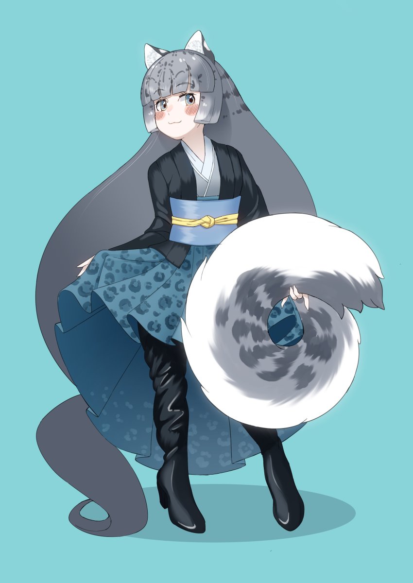 1girl, :3, absurdly_long_hair, absurdres, adapted_costume, animal_ears, animal_print, belt