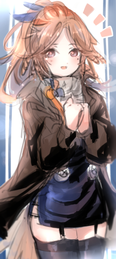 1girl, :d, aran_sweater, arknights, black_jacket, black_thighhighs, blue_bow, blue_skirt