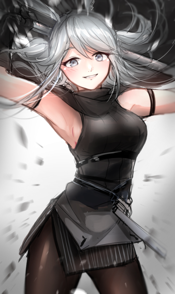 1girl, animal_ears, arknights, bare_shoulders, black_gloves, black_pantyhose, black_shirt, black_skirt