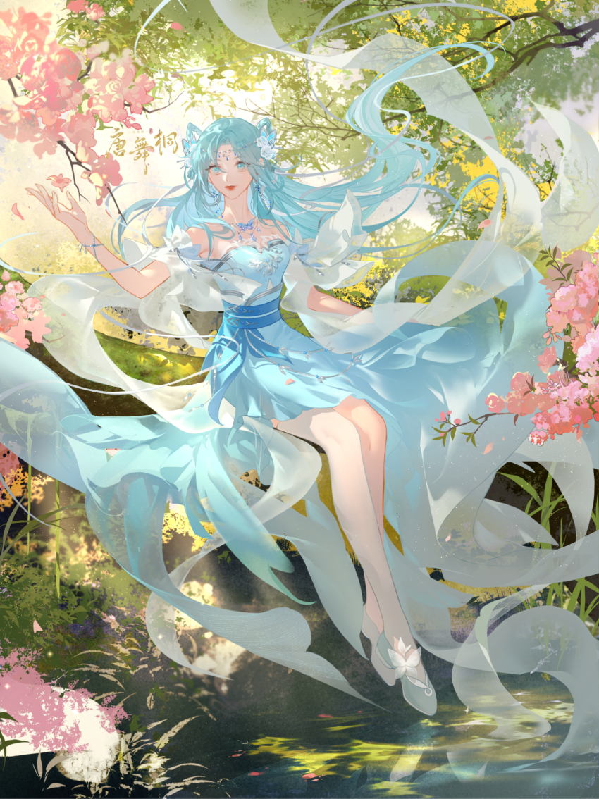1girl, absurdres, bare_shoulders, blue_dress, blue_hair, cherry_blossoms, douluo_dalu, dress, grass, hair_ornament, high_heels, highres, in_tree, long_hair, sitting, sitting_in_tree, tang_wutong_(douluo_dalu), tang_wutong_tongren_she, tree, watermark, weibo_watermark